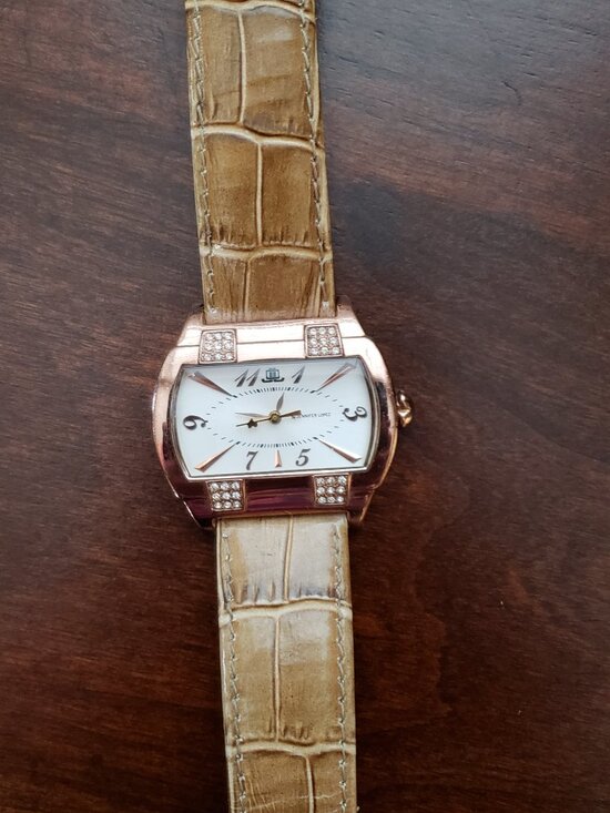 Jennifer Lopez Rose Gold Crystal Accent Rectangle Face Leather Band Womens Watch
